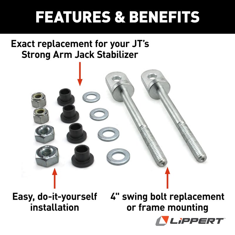 Lippert Components JT's Strong Arm Replacement RV Jack Stabilizer 4" Swing Bolt Kit with 2 Swing Bolts, 4 Washers, 2 Nuts, Ensures Secure, Stable RV Leveling, Easy Installation - 314596 - Image 2